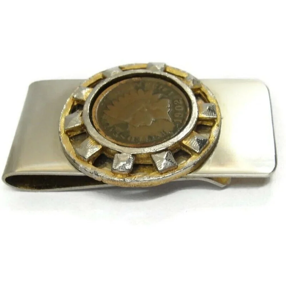 Vintage 1902 Indian Head Penny Silver and Gold Tone Money Clip Men